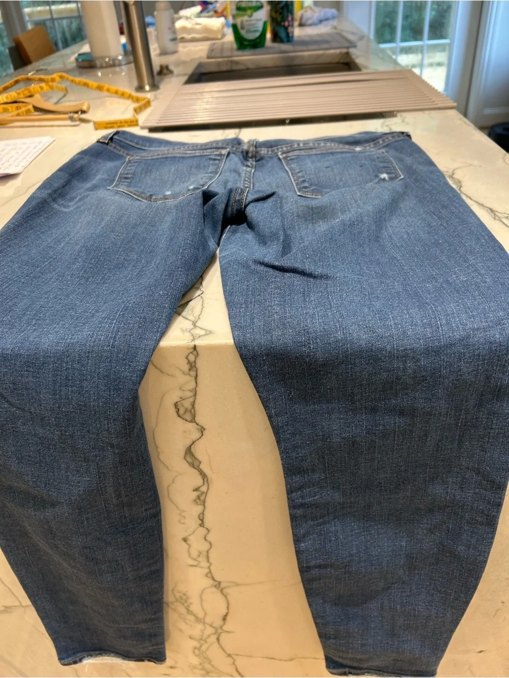 J. Crew Toothpick Jeans in Blue Denim with Gold Stitching